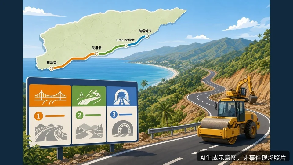 东帝汶祖马莱—纳塔博拉公路公布三个标段授标结果，AI生成示意图，非事件现场照片