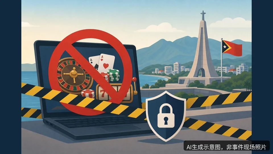 据报道，帝力Kasnafar疑似非法网络赌博场所遭联合搜查，AI生成示意图，非事件现场照片